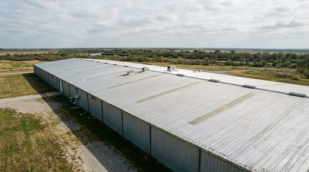 Metal roof on a long warehouse in flat open country