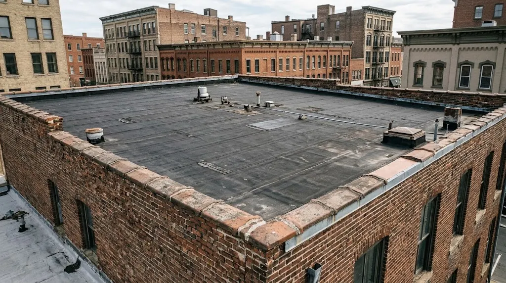Flat roof with a brick parapet on an older downtown commercial building