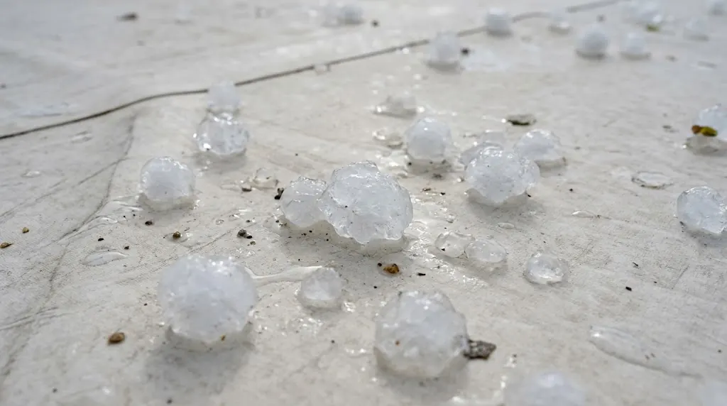 Hailstones on a light-colored single-ply commercial roof